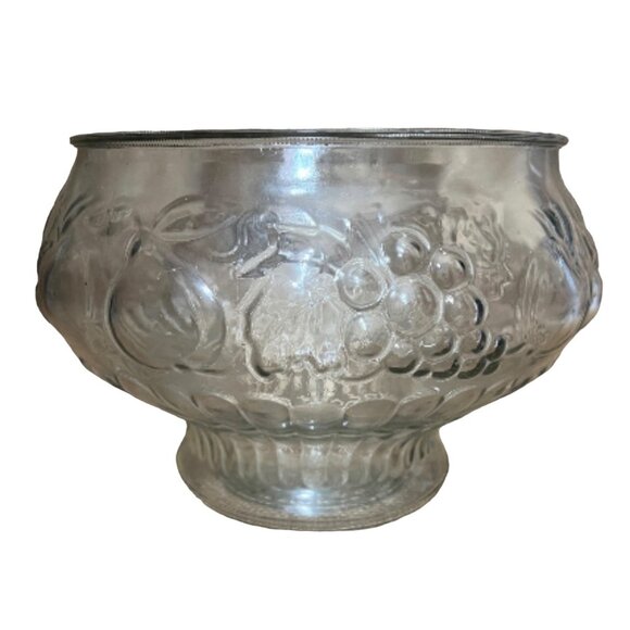 Glass Fruit Bowl Fruit Etching 10" Diameter Clear Molded Grapes Apples Pears Pea - Picture 2 of 9